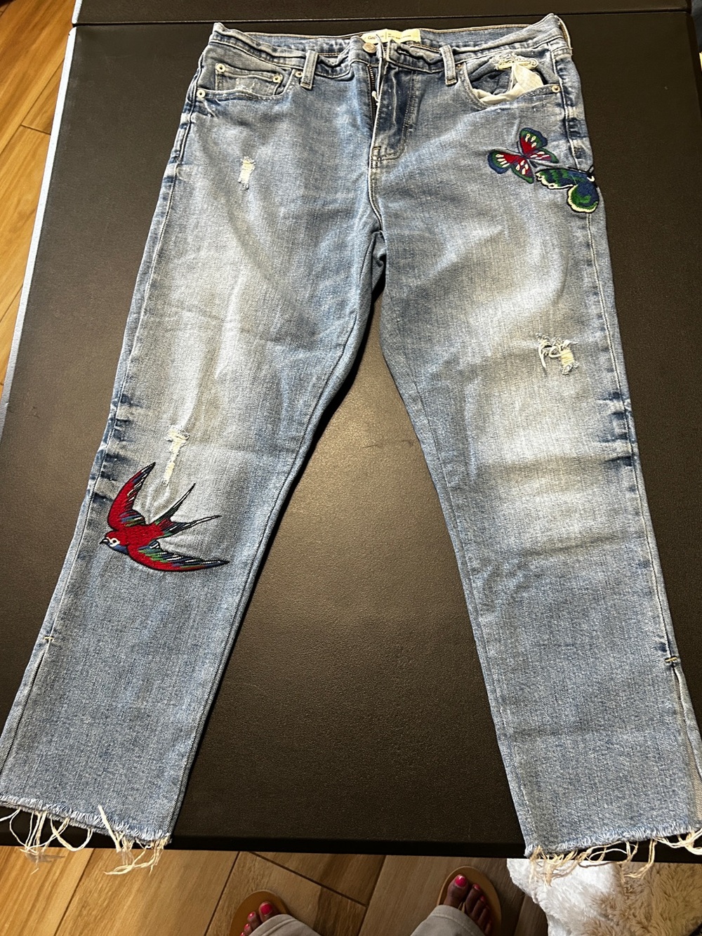 Gap 1969 Medium Wash Embroidered Butterfly & Bird Girlfriend Jeans